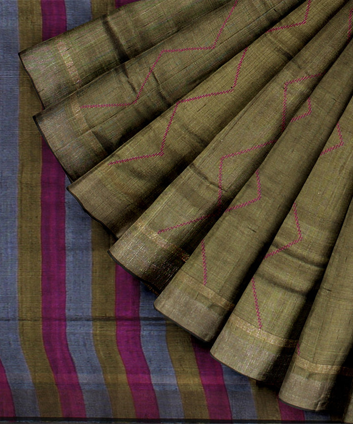 Olive green red handwoven raw silk bhagalpur saree