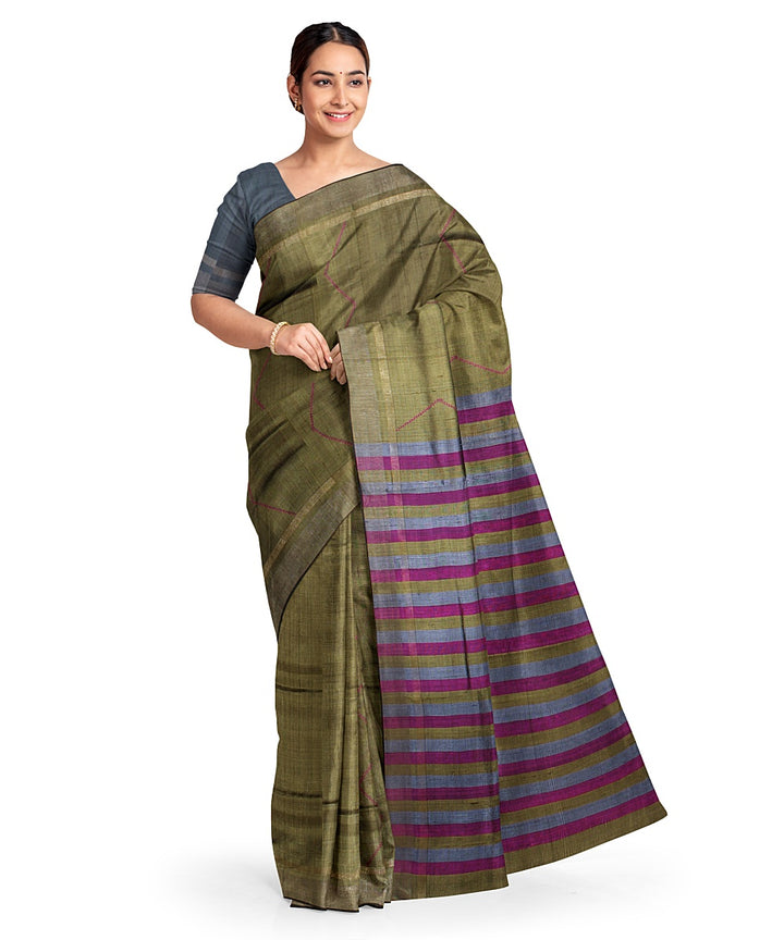 Olive green red handwoven raw silk bhagalpur saree