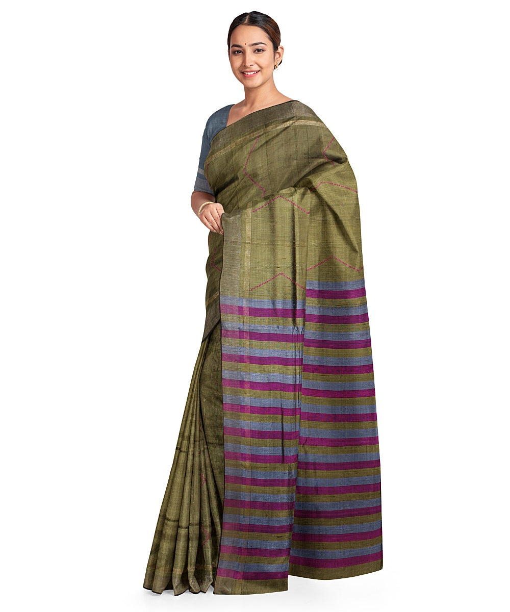 Olive green red handwoven raw silk bhagalpur saree