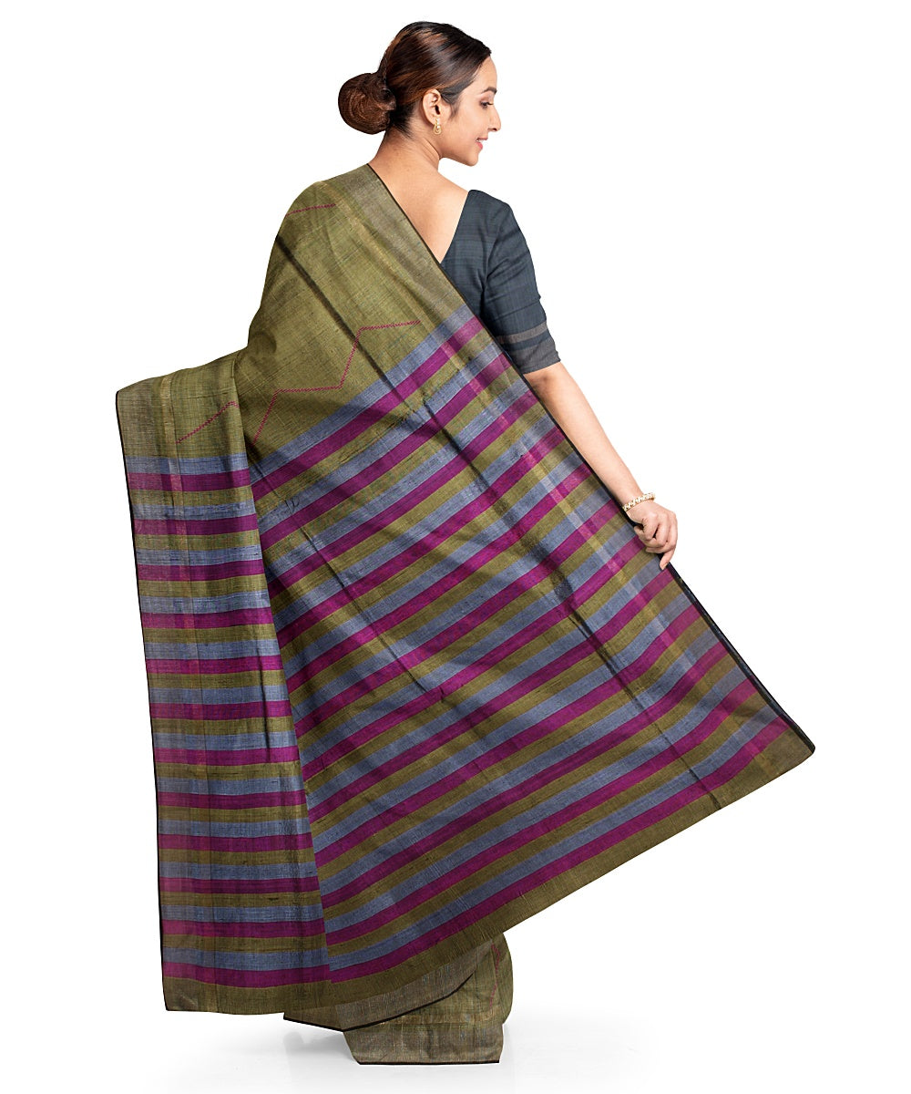 Olive green red handwoven raw silk bhagalpur saree