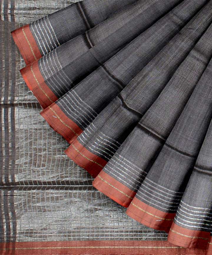 Grey white handwoven raw silk bhagalpur saree