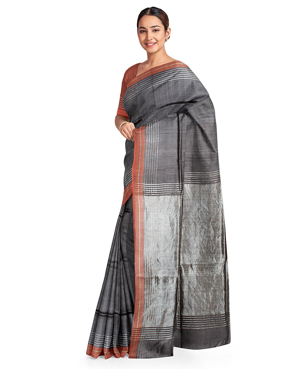 Grey white handwoven raw silk bhagalpur saree