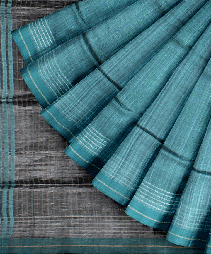 Cyan green grey raw silk bhagalpur handwoven saree