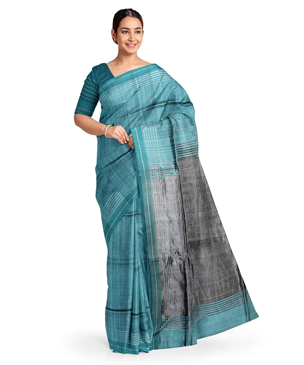 Cyan green grey raw silk bhagalpur handwoven saree