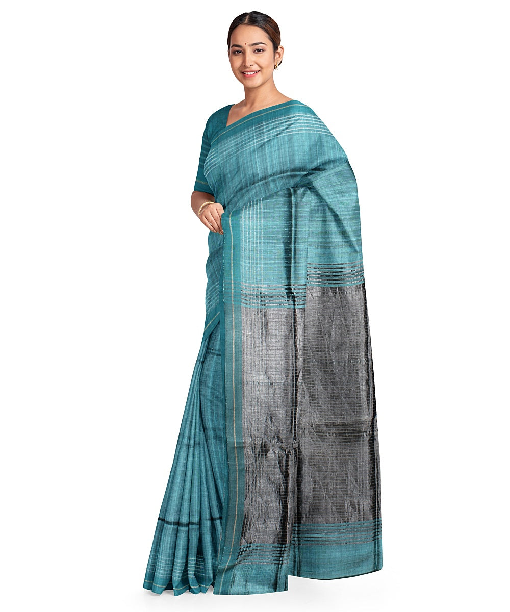 Cyan green grey raw silk bhagalpur handwoven saree