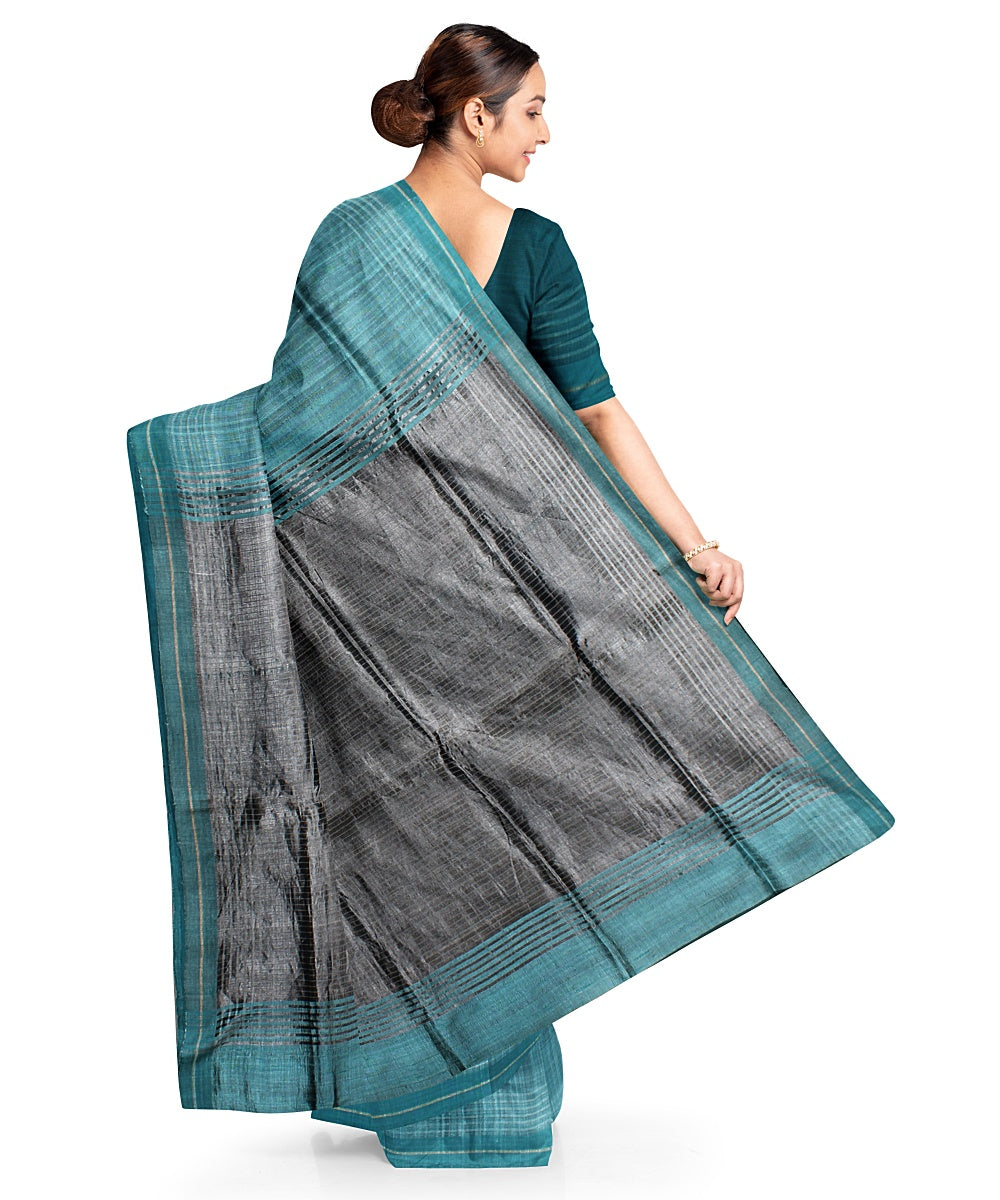 Cyan green grey raw silk bhagalpur handwoven saree