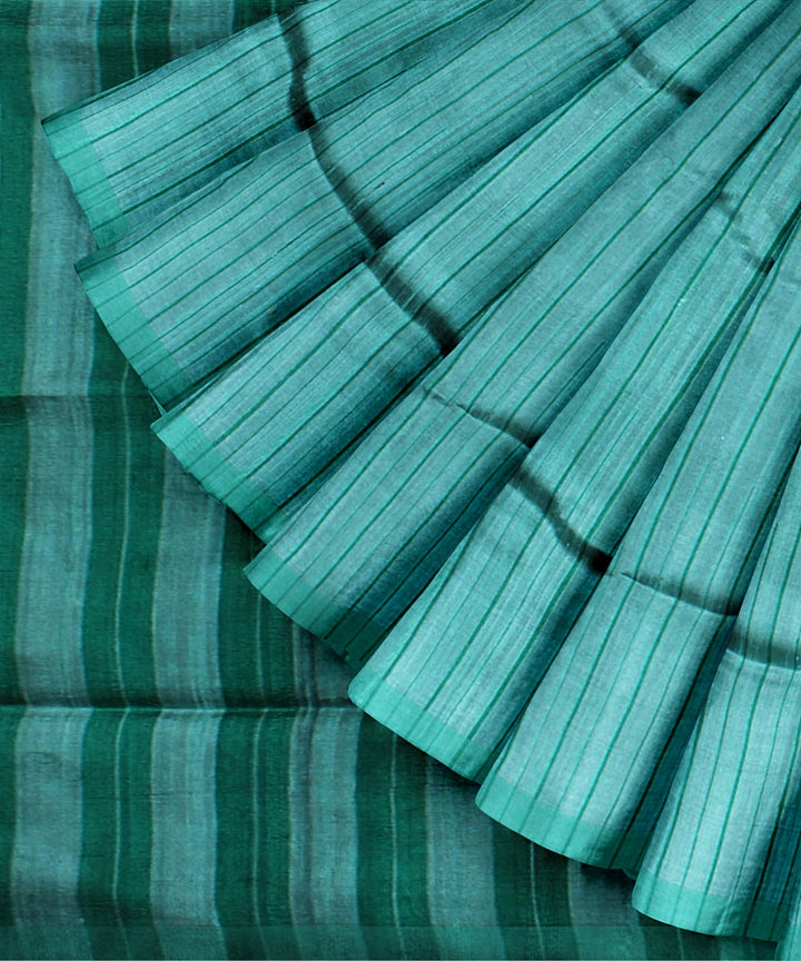 Cyan green stripes handwoven raw silk bhagalpur saree