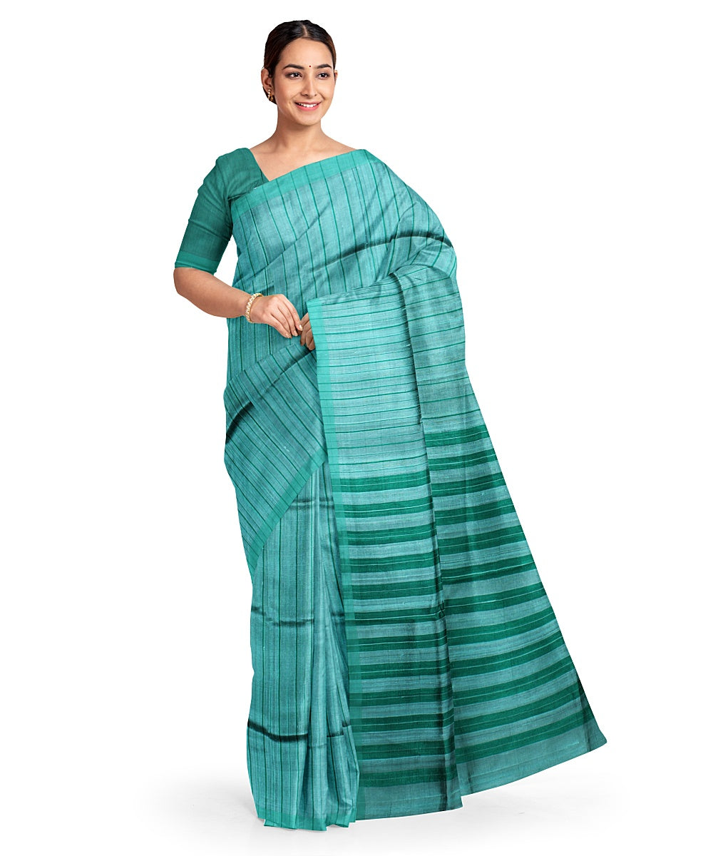 Cyan green stripes handwoven raw silk bhagalpur saree