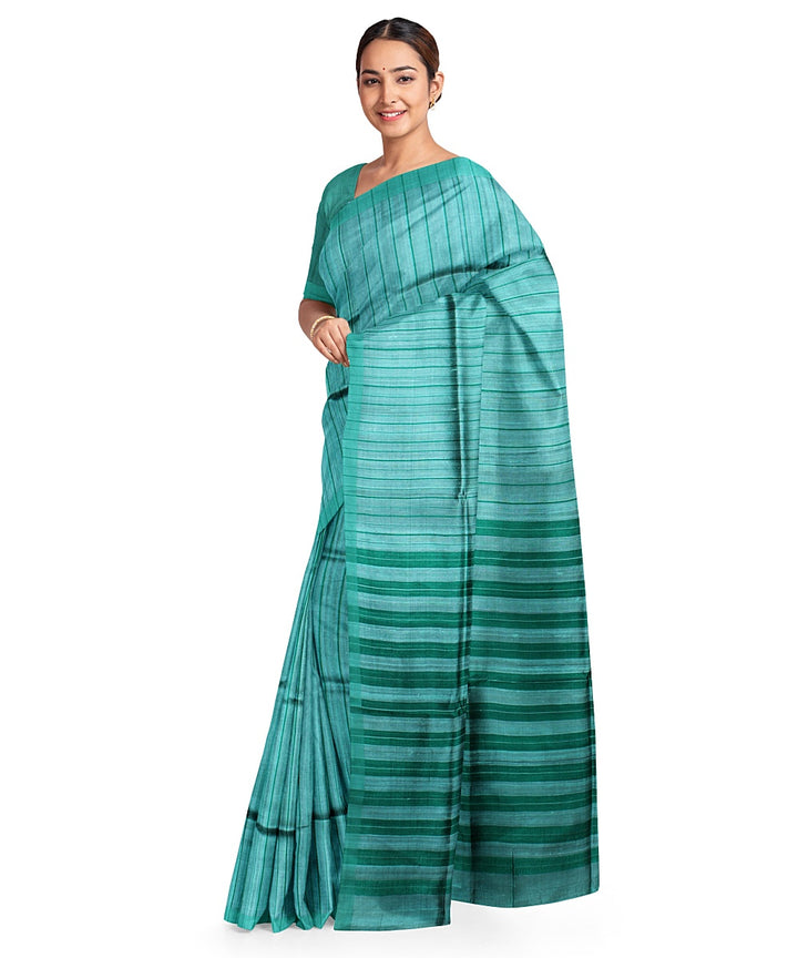 Cyan green stripes handwoven raw silk bhagalpur saree