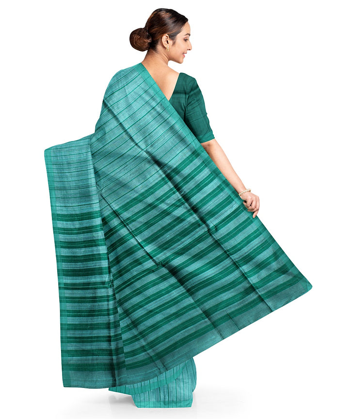 Cyan green stripes handwoven raw silk bhagalpur saree