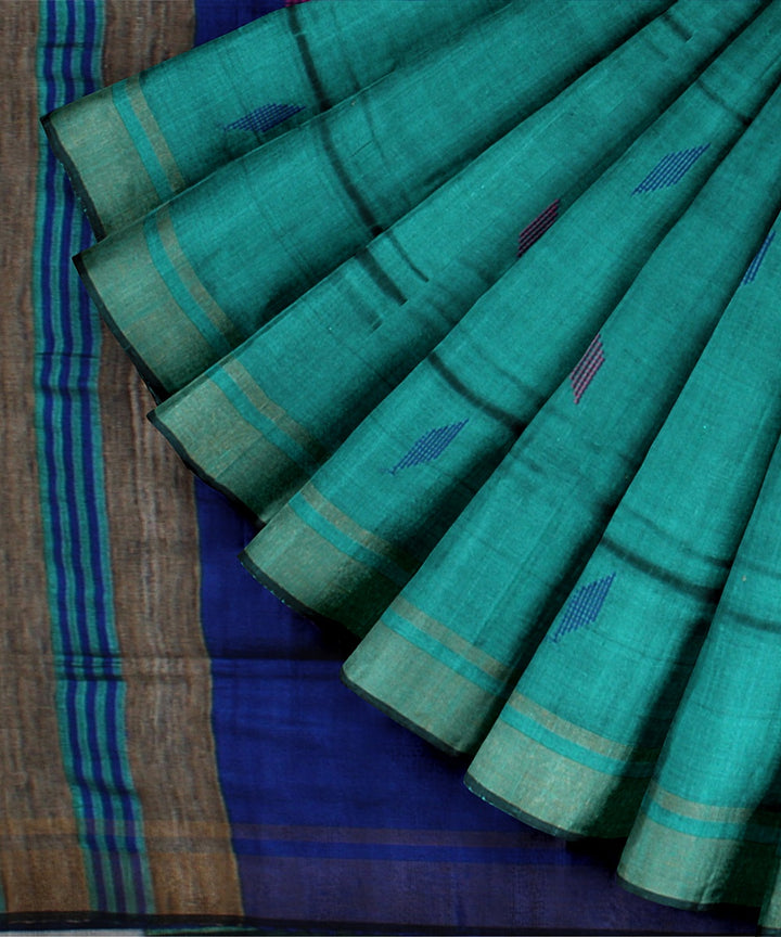 Cyan green navy blue handwoven raw silk bhagalpur saree