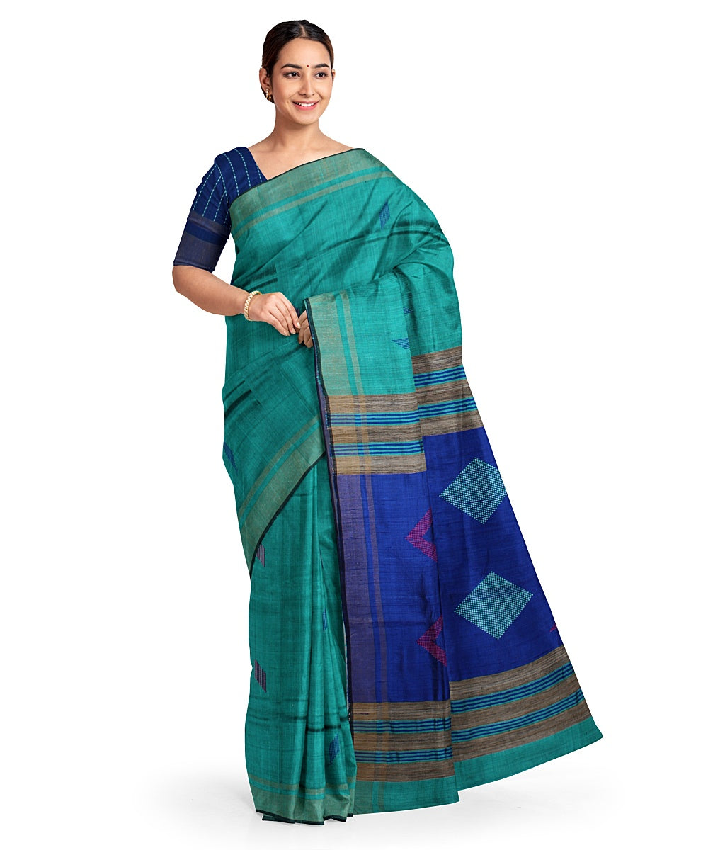 Cyan green navy blue handwoven raw silk bhagalpur saree