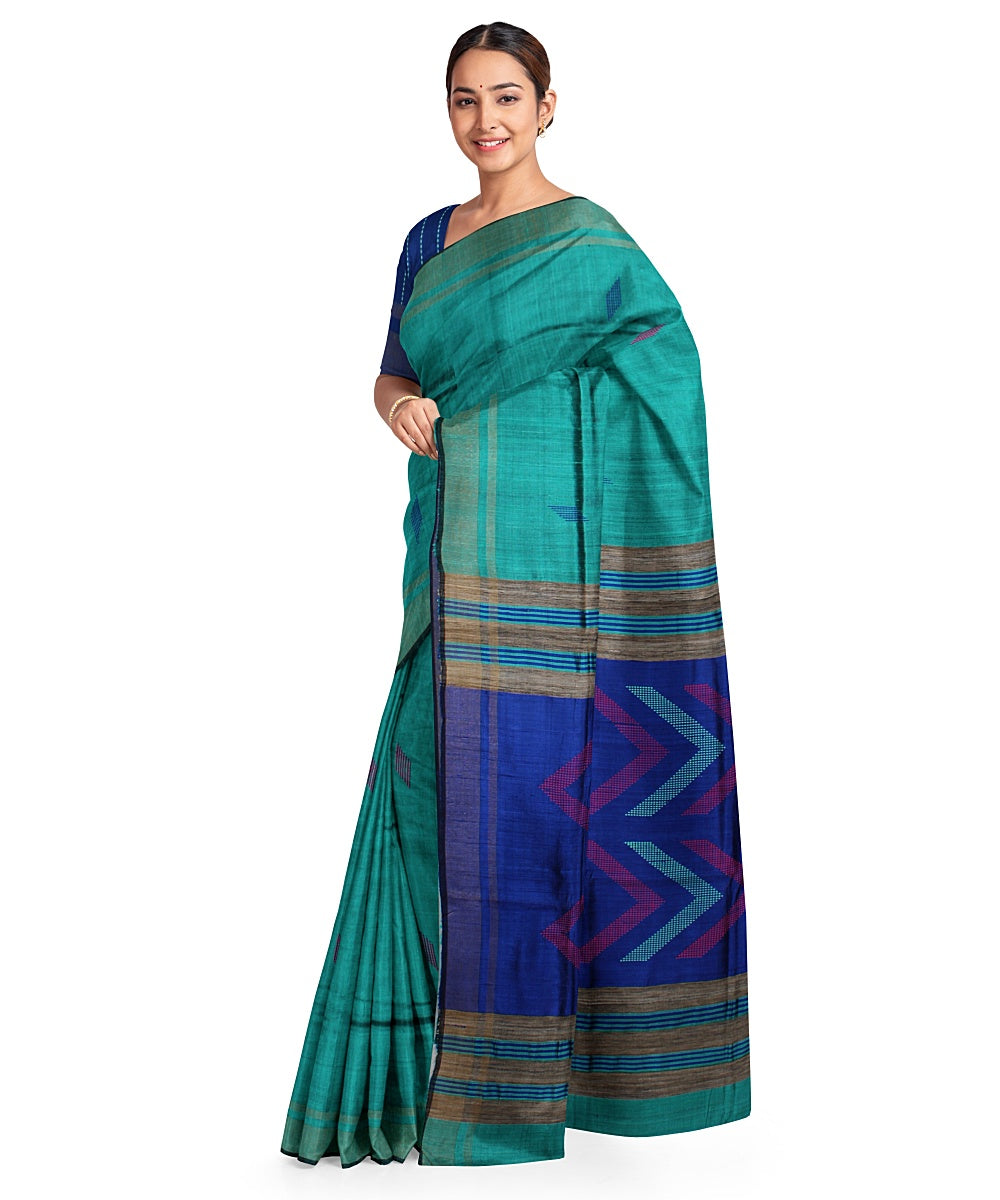 Cyan green navy blue handwoven raw silk bhagalpur saree