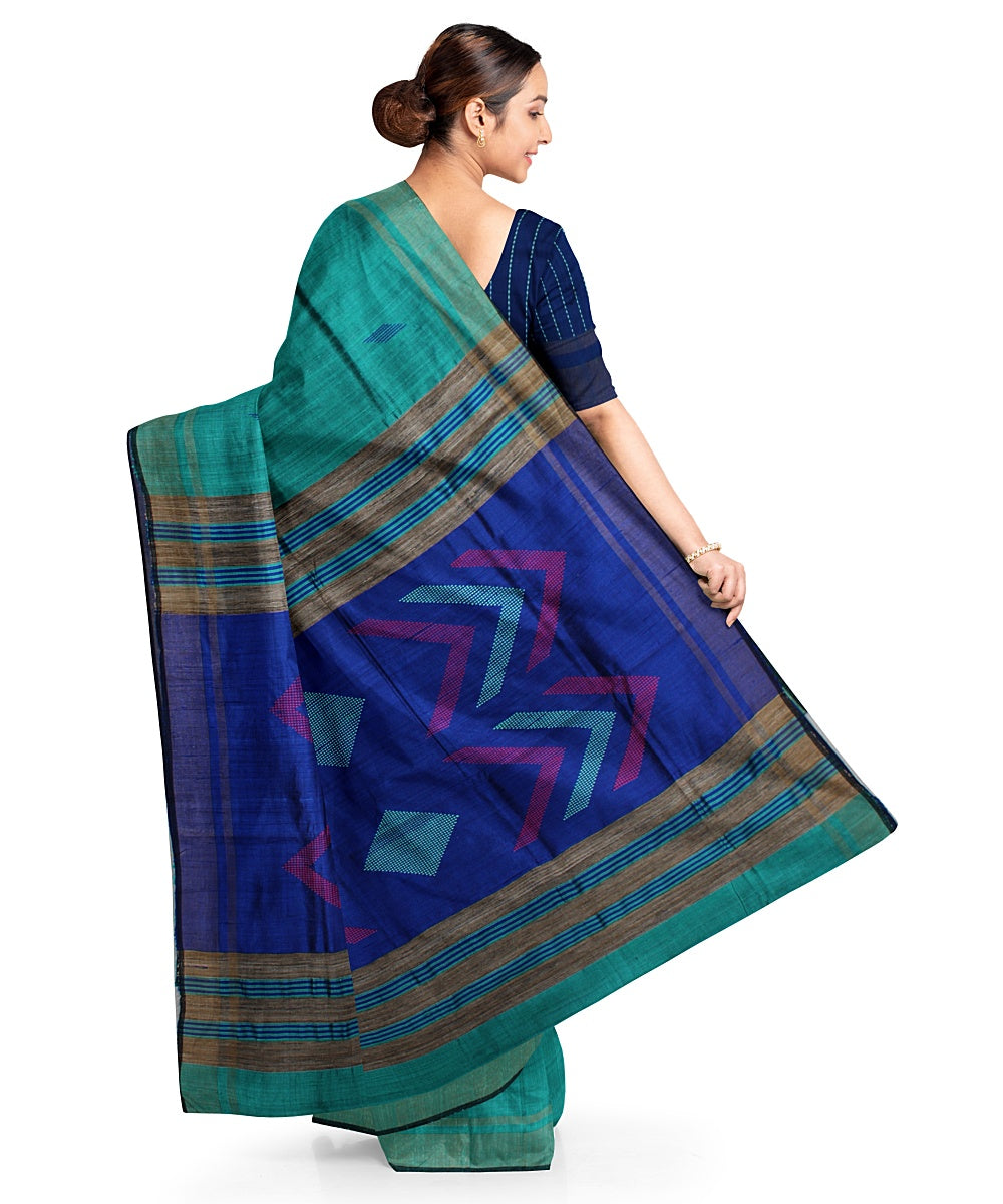 Cyan green navy blue handwoven raw silk bhagalpur saree