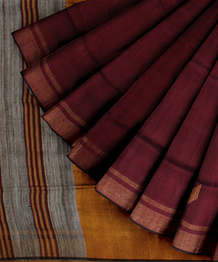 Maroon mustard raw silk handwoven bhagalpur saree