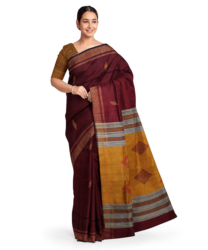 Maroon mustard raw silk handwoven bhagalpur saree