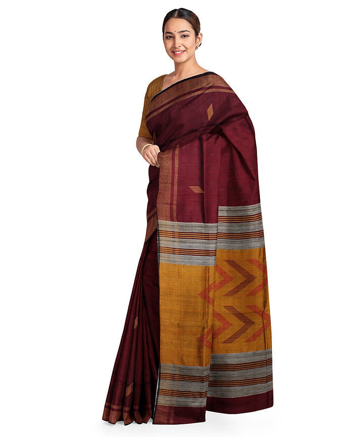 Maroon mustard raw silk handwoven bhagalpur saree