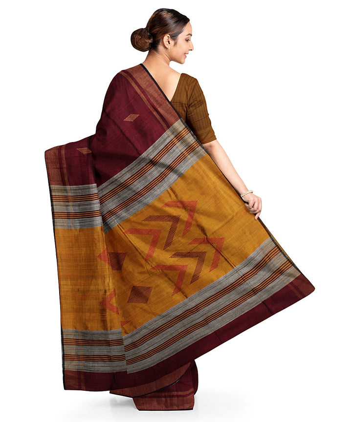 Maroon mustard raw silk handwoven bhagalpur saree