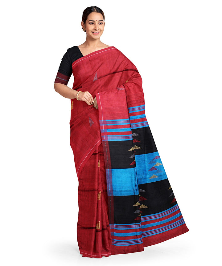 Red black handwoven raw silk bhagalpur saree