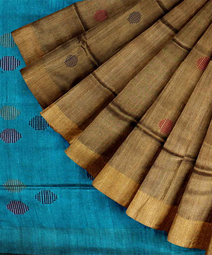 Olive green cyan blue raw silk bhagalpur handwoven saree