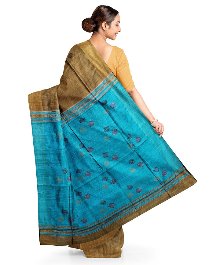 Olive green cyan blue raw silk bhagalpur handwoven saree