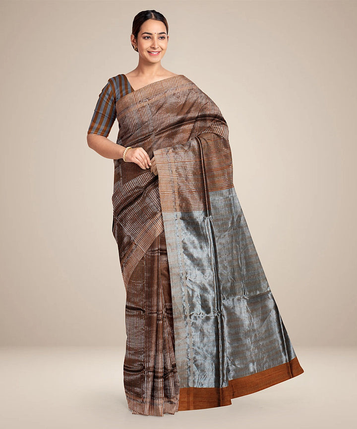 Brown grey handwoven bhagalpur raw silk saree