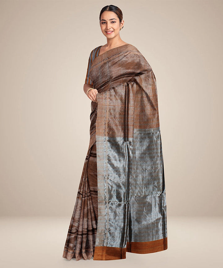 Brown grey handwoven bhagalpur raw silk saree