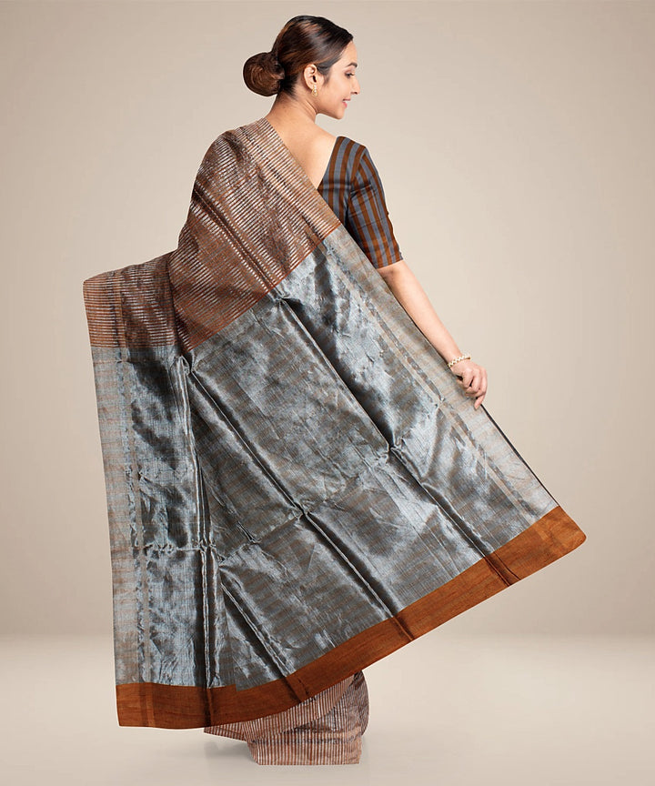 Brown grey handwoven bhagalpur raw silk saree