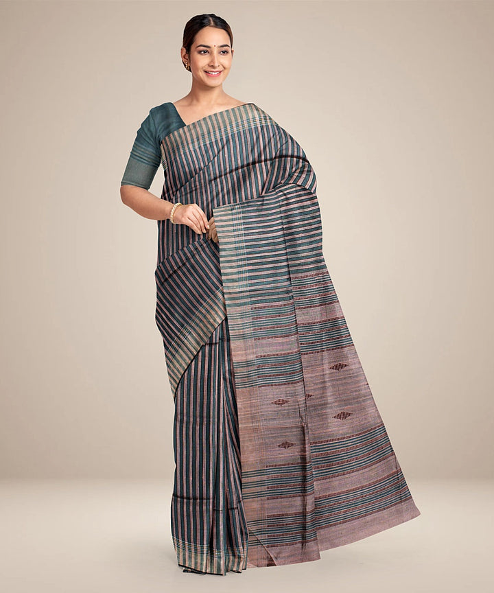 Grey stripes handwoven raw silk bhagalpur saree