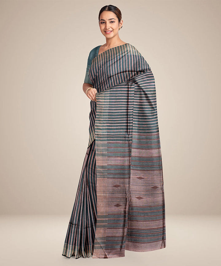 Grey stripes handwoven raw silk bhagalpur saree