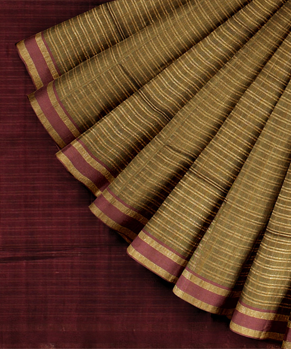 Olive green maroon bhagalpur handwoven raw silk saree