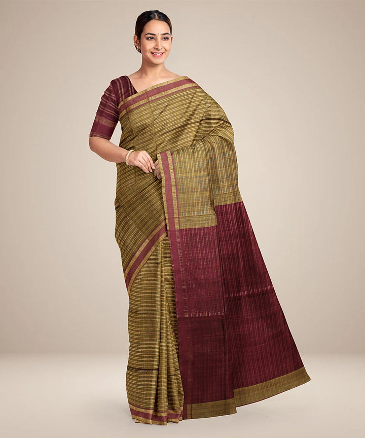 Olive green maroon bhagalpur handwoven raw silk saree