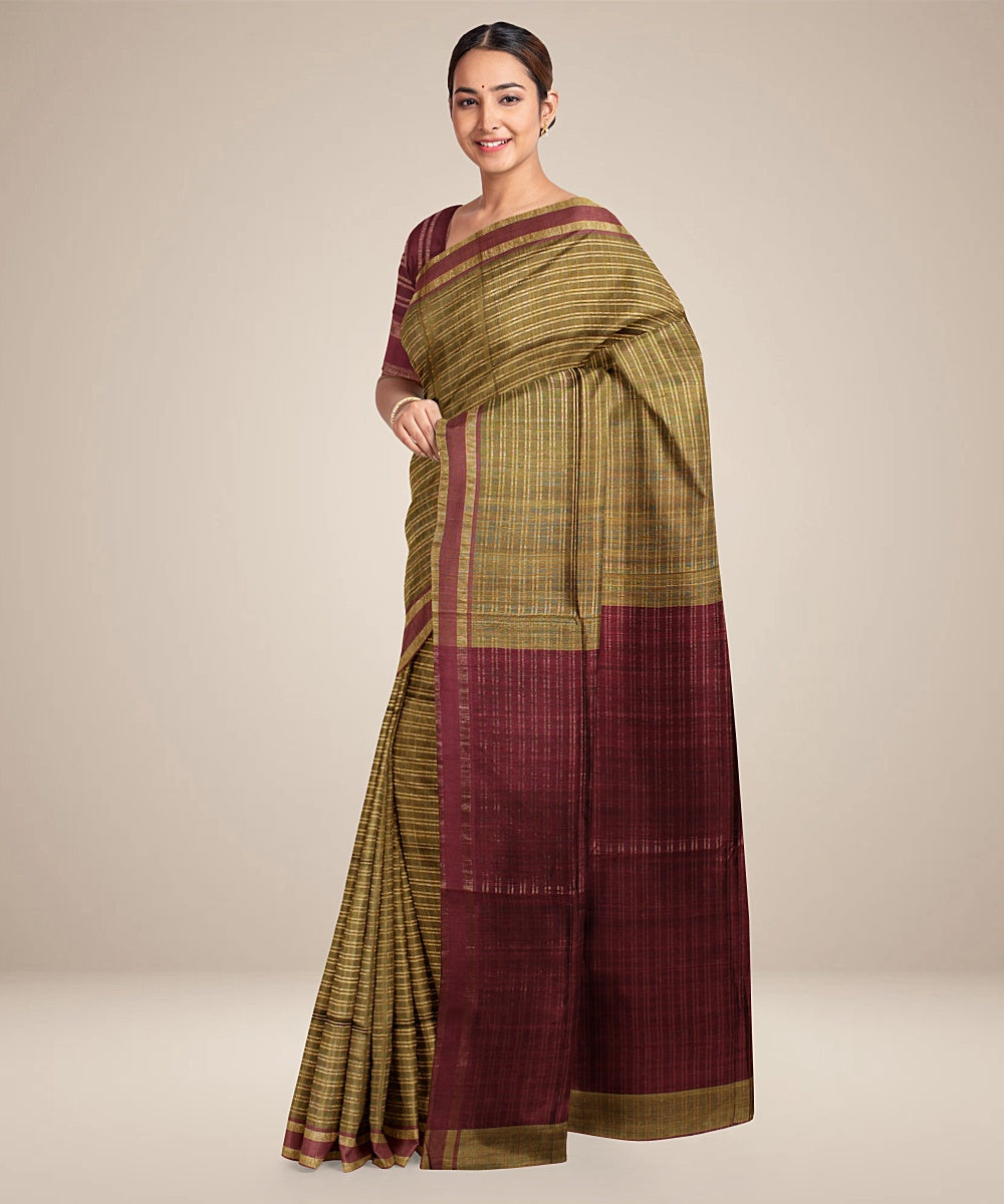 Olive green maroon bhagalpur handwoven raw silk saree