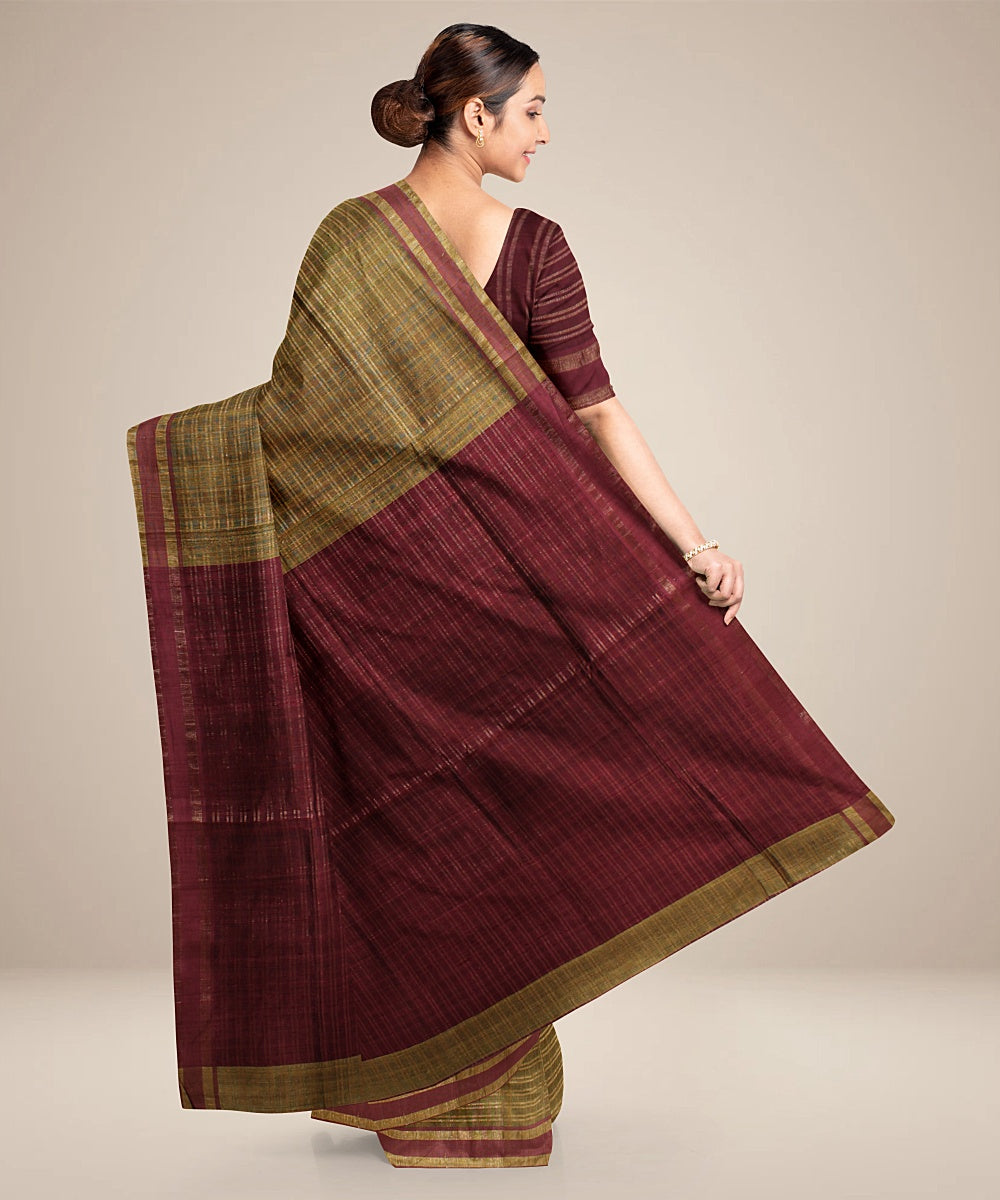 Olive green maroon bhagalpur handwoven raw silk saree