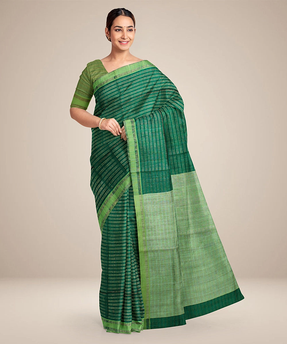 Dark green light green handwoven raw silk bhagalpur saree