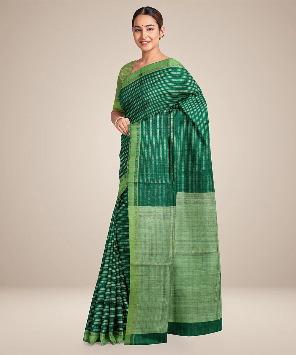 Dark green light green handwoven raw silk bhagalpur saree