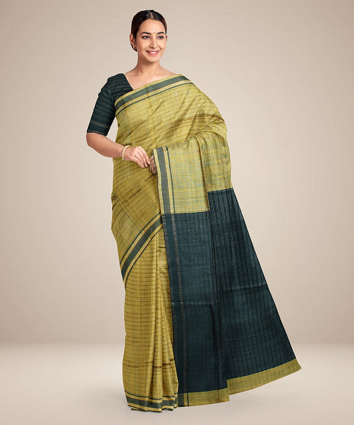 Lime green black handwoven raw silk bhagalpur saree