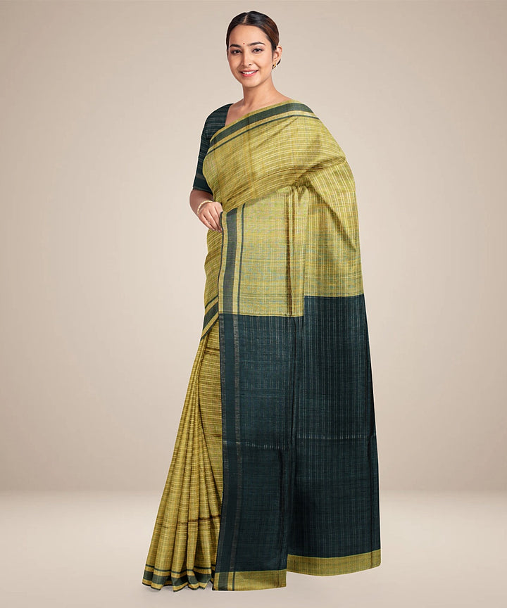 Lime green black handwoven raw silk bhagalpur saree