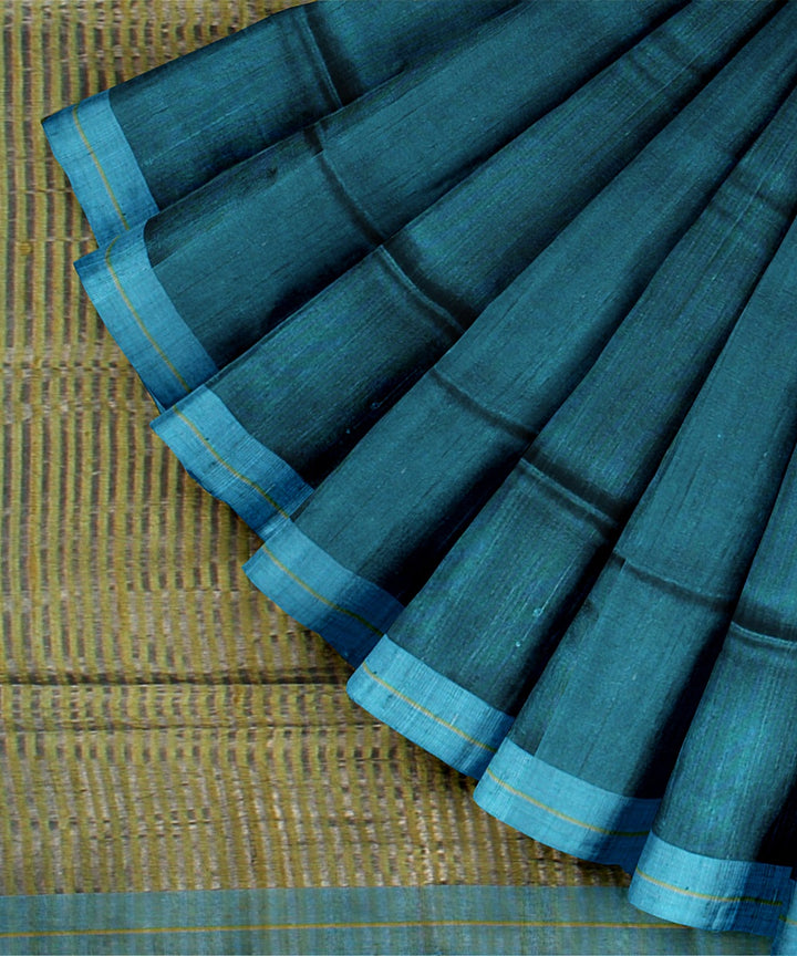 Cyan blue olive green handwoven raw silk bhagalpur saree