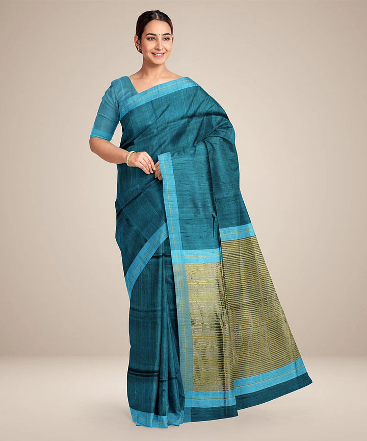 Cyan blue olive green handwoven raw silk bhagalpur saree