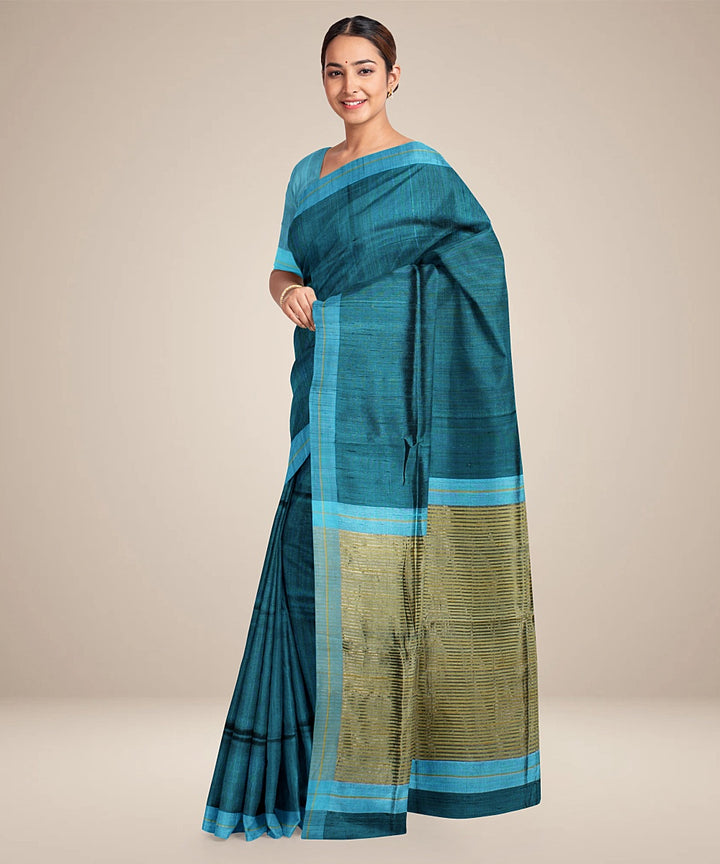 Cyan blue olive green handwoven raw silk bhagalpur saree