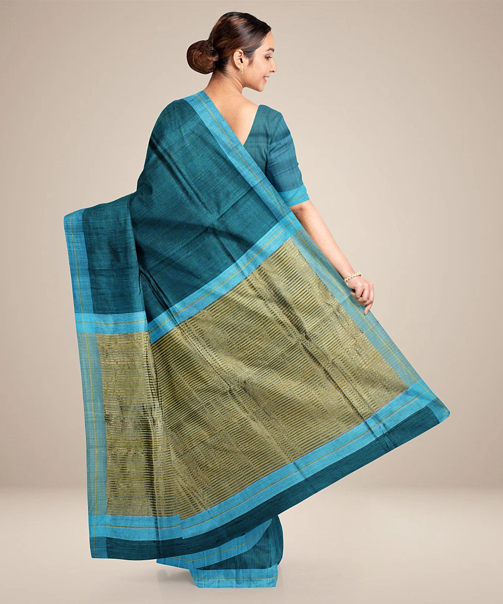 Cyan blue olive green handwoven raw silk bhagalpur saree