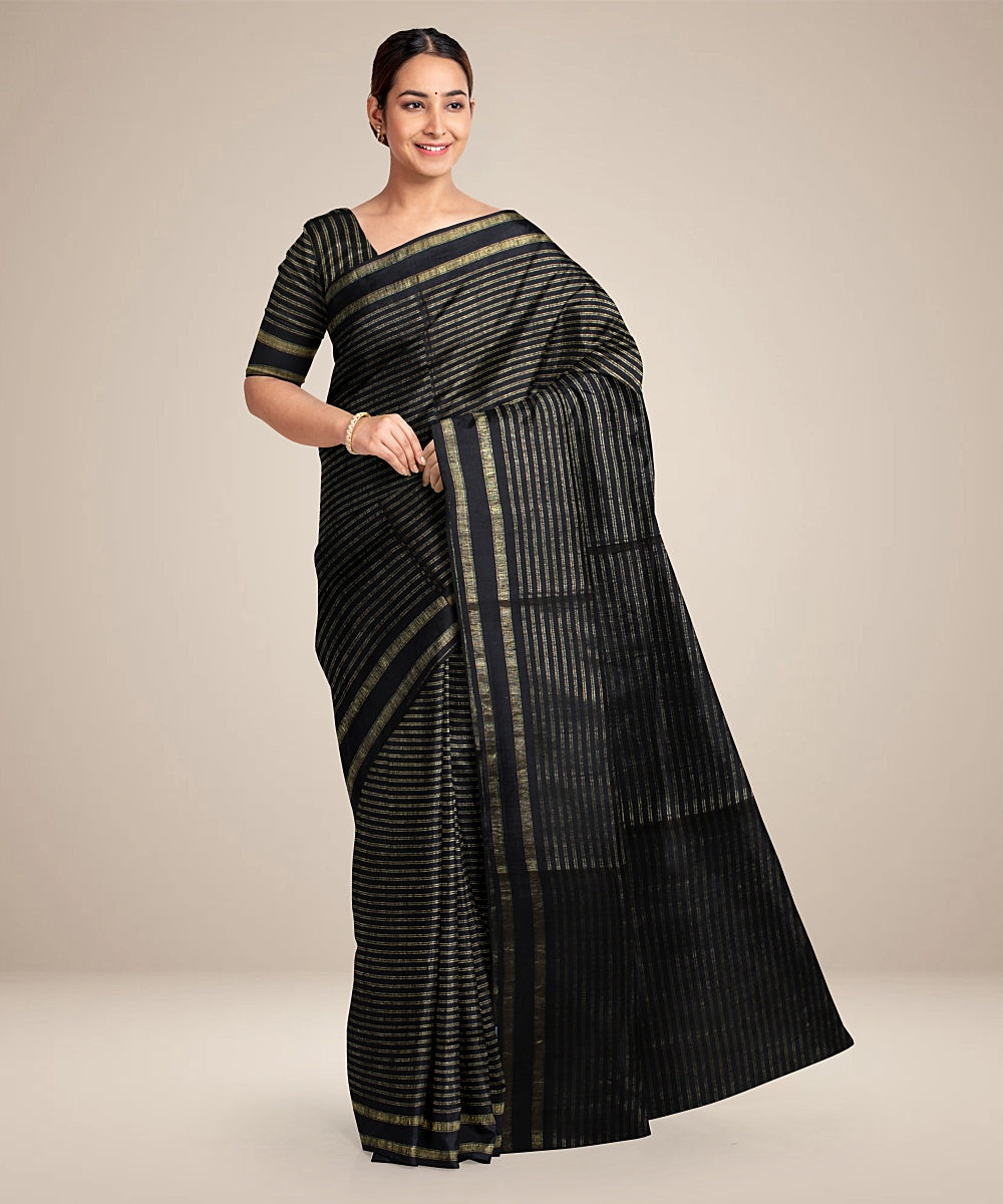 Black stripes handwoven raw silk bhagalpur saree