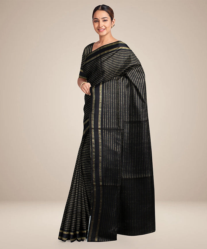 Black stripes handwoven raw silk bhagalpur saree