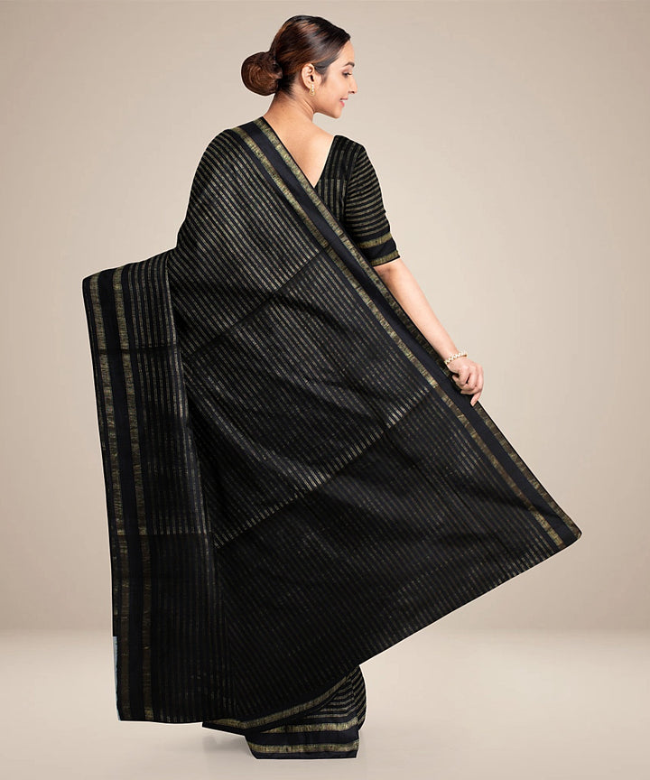 Black stripes handwoven raw silk bhagalpur saree