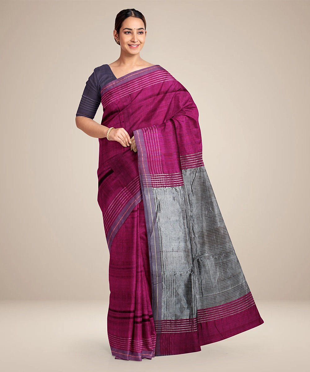 Purple grey raw silk handwoven bhagalpur saree