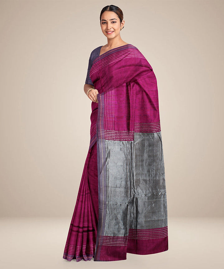 Purple grey raw silk handwoven bhagalpur saree