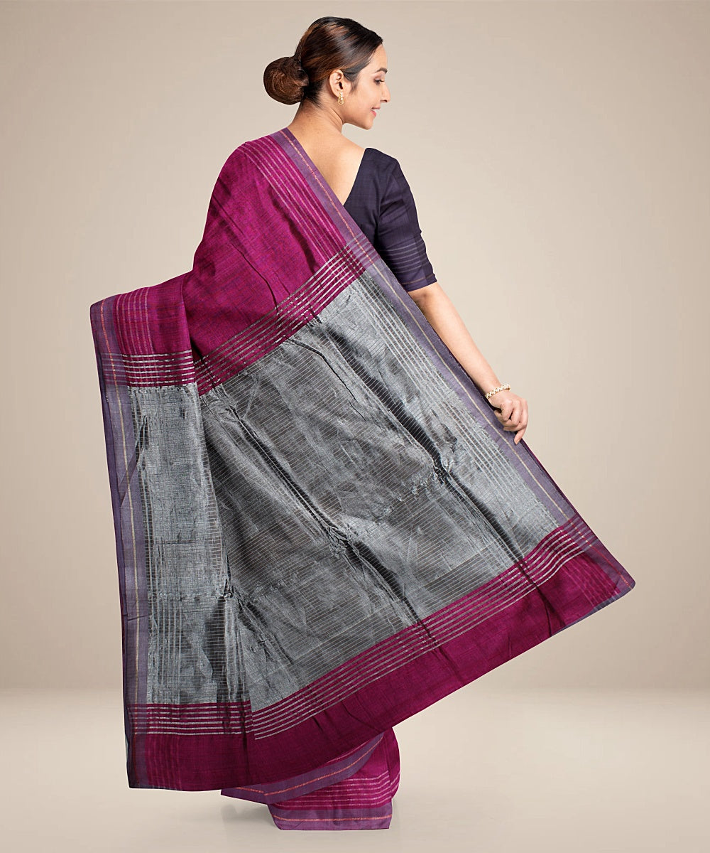 Purple grey raw silk handwoven bhagalpur saree