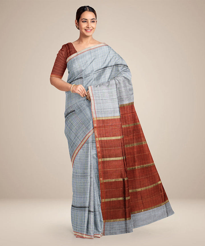 Grey brown handwoven raw silk bhagalpur saree