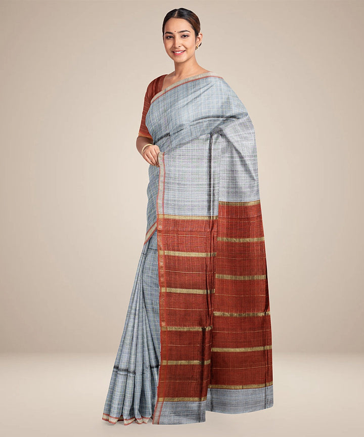 Grey brown handwoven raw silk bhagalpur saree